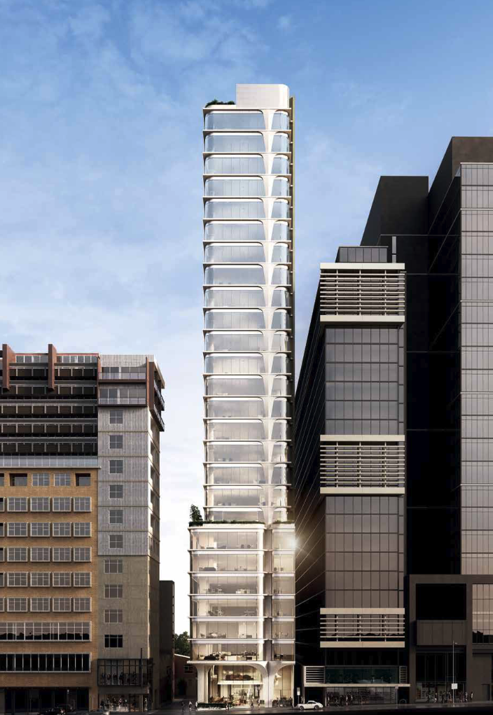 Modern high-rise residential building with curved balconies on each floor, located between two other tall buildings in an urban setting, under a blue sky.