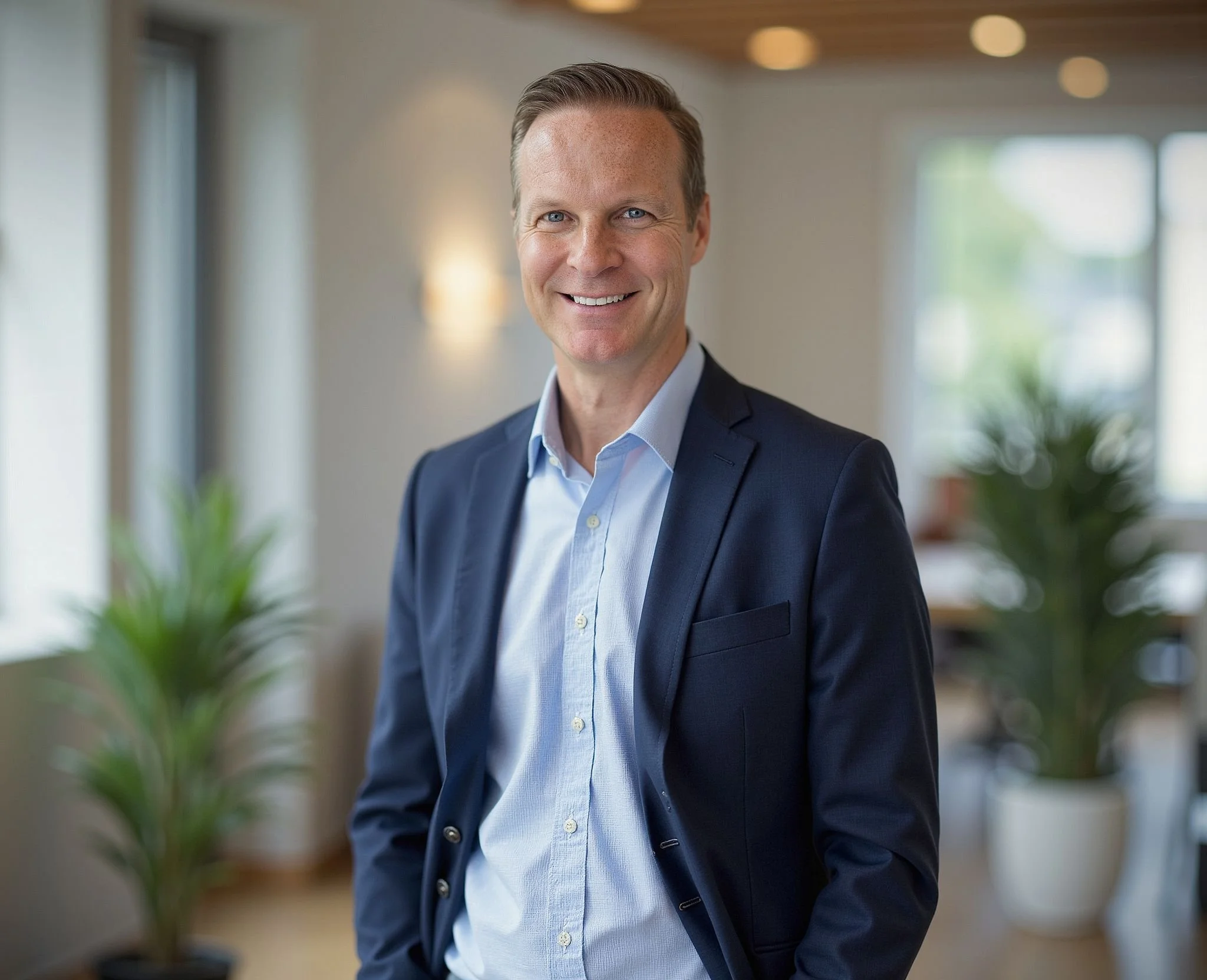 A smiling man in a navy blue suit and light blue dress shirt standing in a modern office space with plants and large windows.