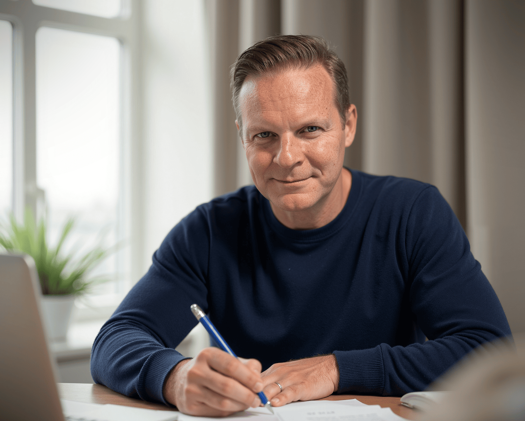 A man with short brown hair and blue eyes sitting at a desk, holding a pen, smiling at the camera. He is wearing a navy blue long-sleeve shirt in a well-lit room with a window and a green plant in the background.