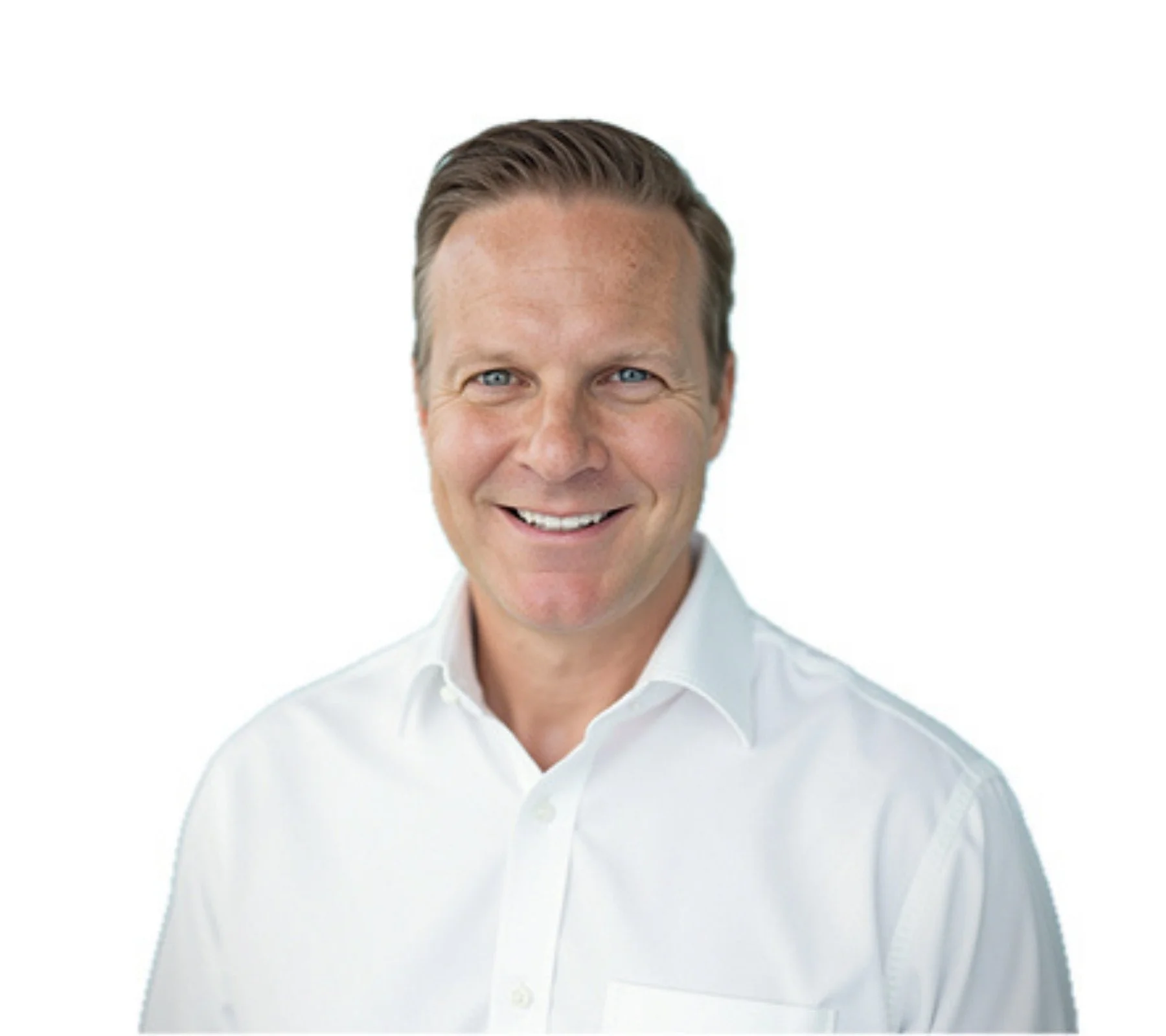 Portrait of a smiling man in a white dress shirt with a plain white background.