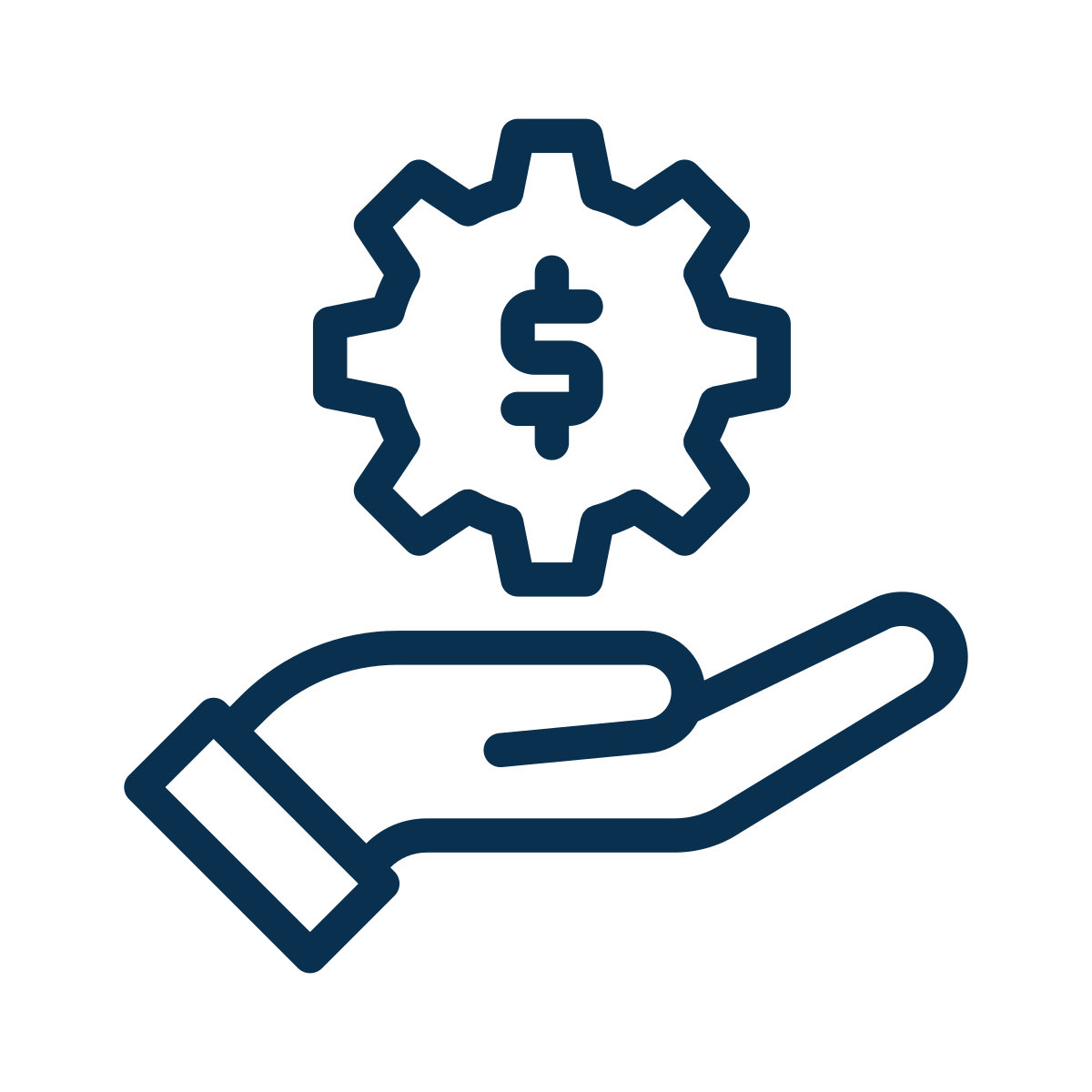 Hand holding gear with a dollar symbol inside, representing financial or cost management.