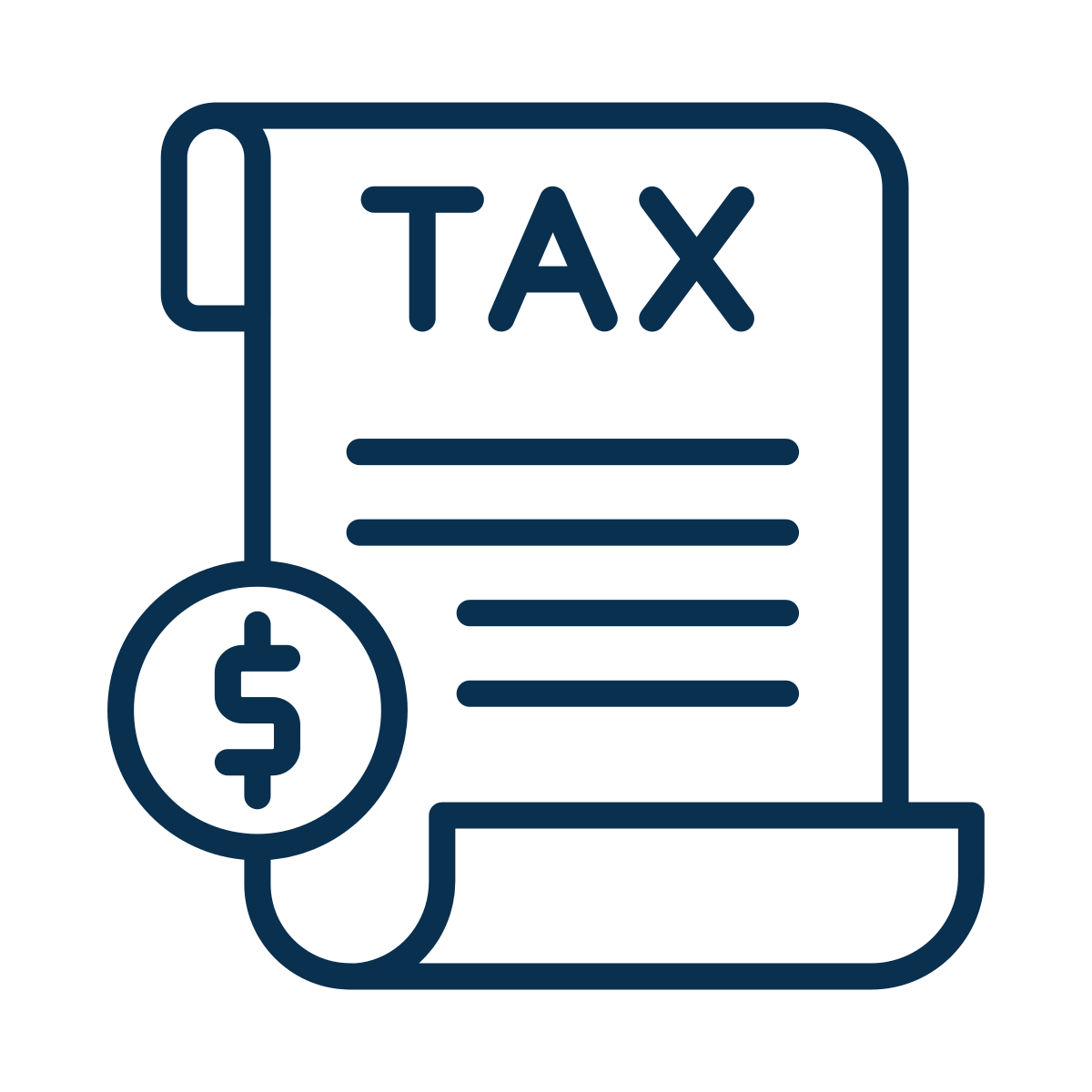 Line drawing of a tax form with the word 'TAX' at the top, a dollar sign in a circle hanging from a string, representing the concept of taxes or tax documents.