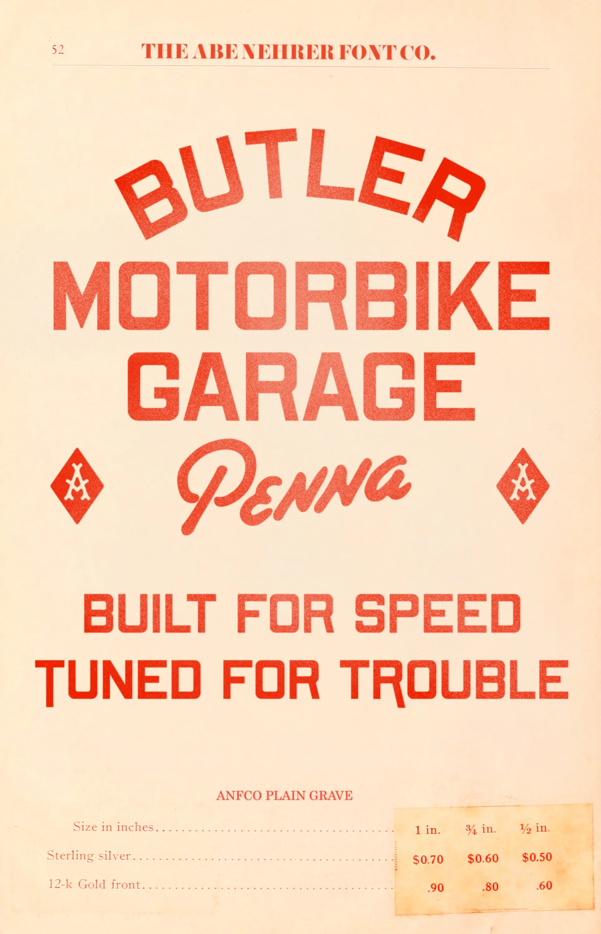 Vintage style advertisement for Butle motorbike garage in Pennsylvania, featuring red text on a beige background with a textured effect and some branding elements.
