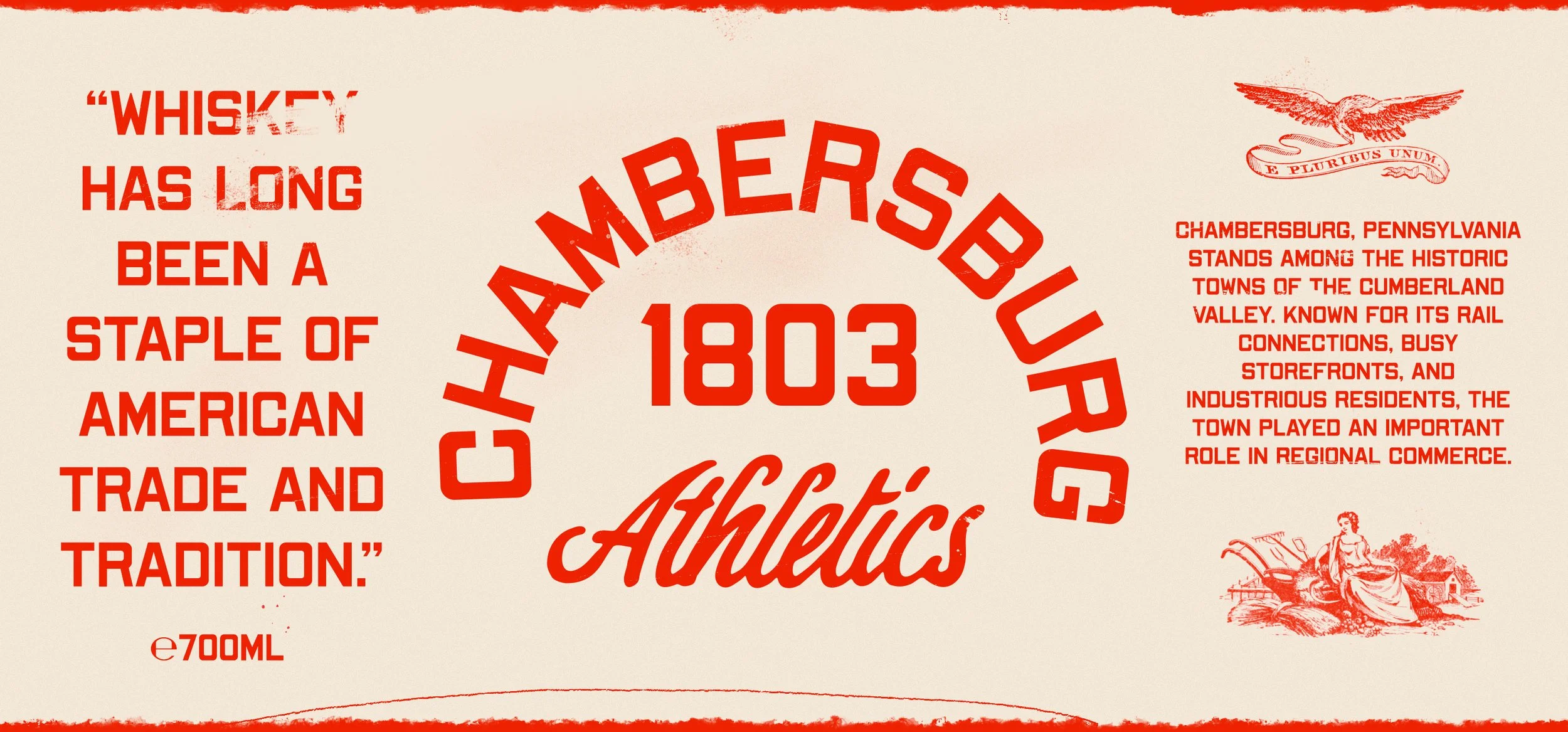 Label for Chambersburg Athletics, established in 1803, describing its history as a historic town in Pennsylvania known for its rail connections, storefronts, and regional commerce, with a quote about whiskey being a staple in American trade and tradition, and includes historical illustrations of a train and a woman on a cart.
