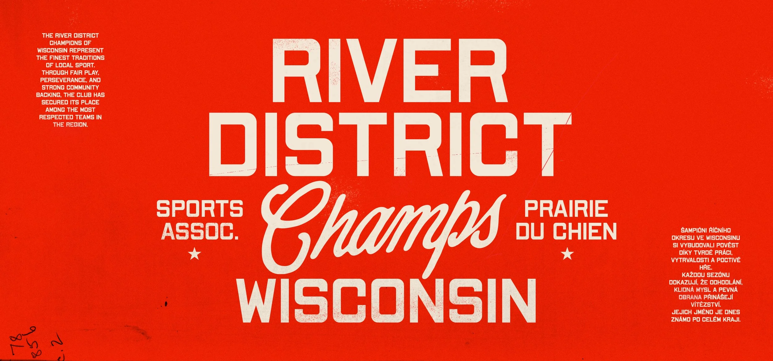 Early 20th century style typeface ANFCo Plain Grave used in a typographic lockup that states "River District Champs Wisconsin" with the word 'champs' being hand written.  It has a vintage americana feel to it.