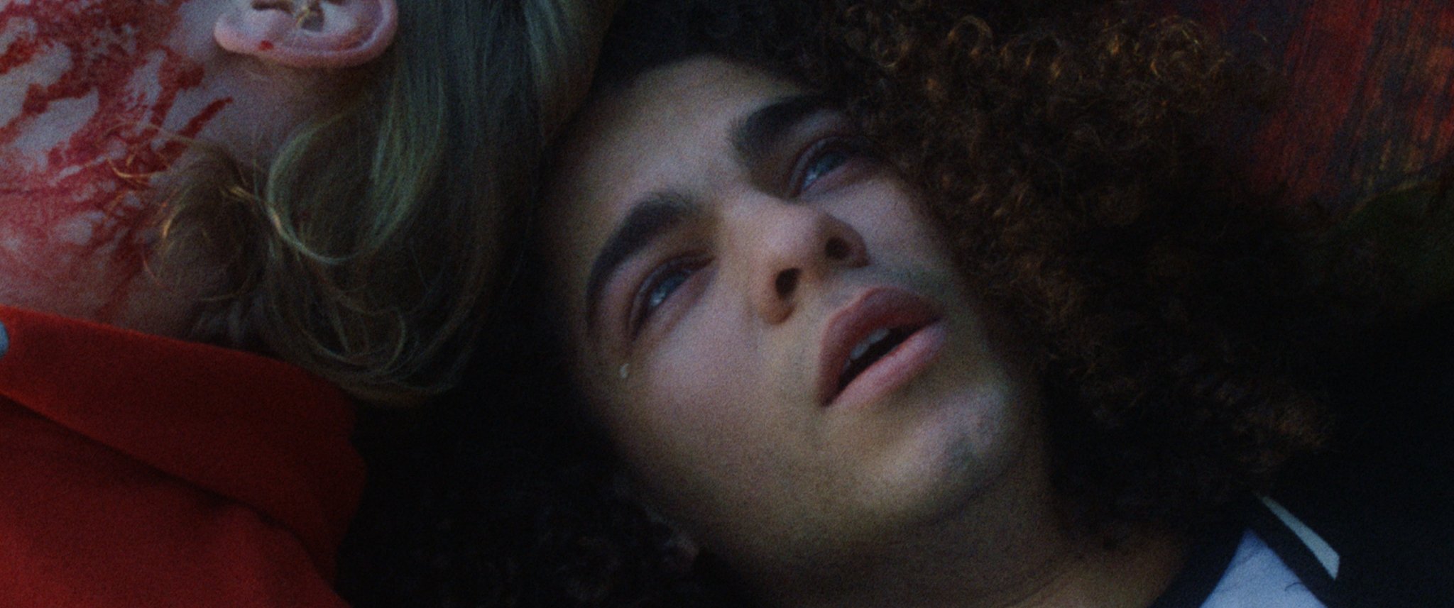 Close-up of a person lying down, displaying a facial expression of distress, with a tear on their cheek. Another person's head, with blood on it, is partially visible next to them.