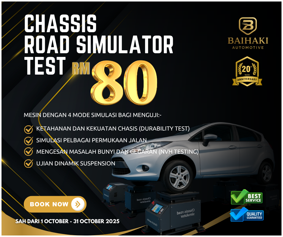 Experience our chassis road simulator test at bengkel kereta Kota Bharu for only RM80, featuring advanced suspension testing, car chassis inspection, and easy online booking