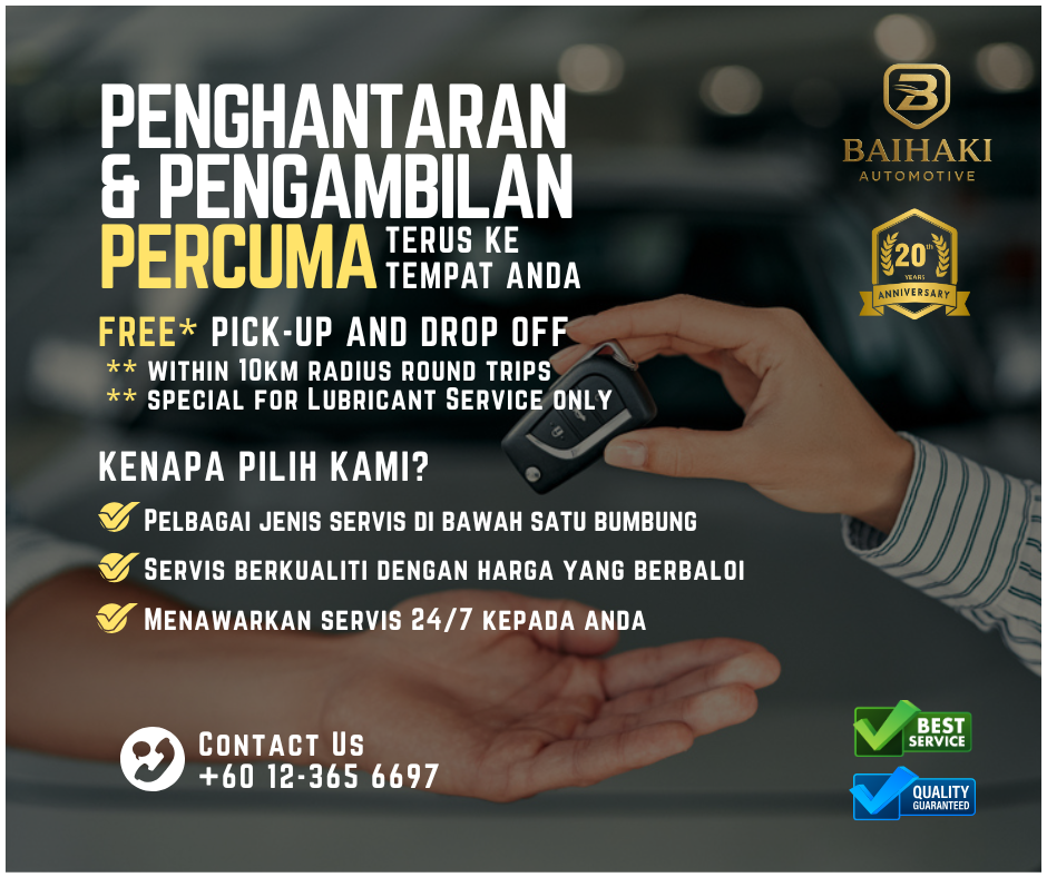 Promotional flyer for bengkel kereta Kota Bharu, featuring free pickup and drop-off car service within 10 km for return trips, with service checklists, contact info, and guaranteed quality