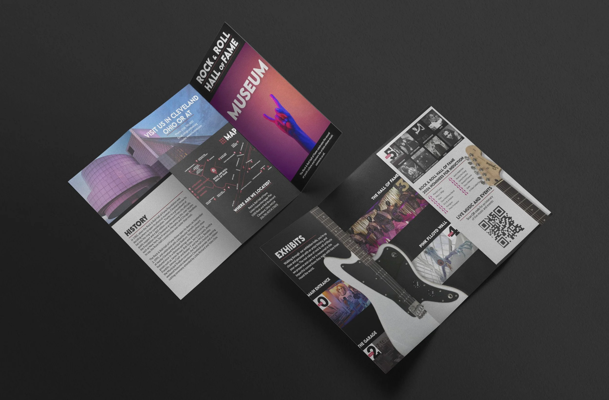 A printed brochure or flyer showcasing a music museum, with sections on history, exhibits, and live music events, and including a QR code and images of musical instruments and performers.