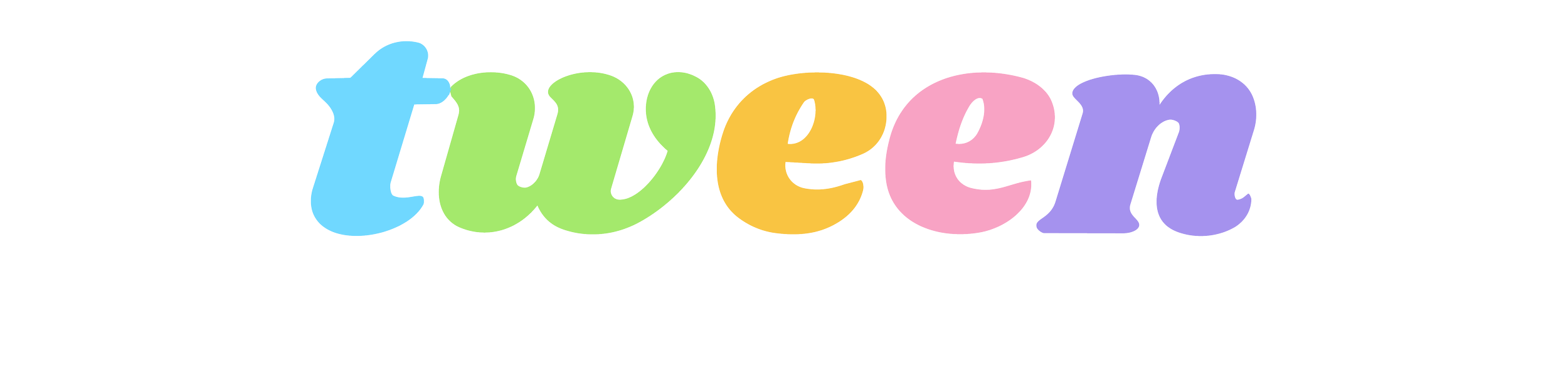 Colorful text spelling 'tween' in playful, pastel colors: blue, green, orange, pink, purple.
