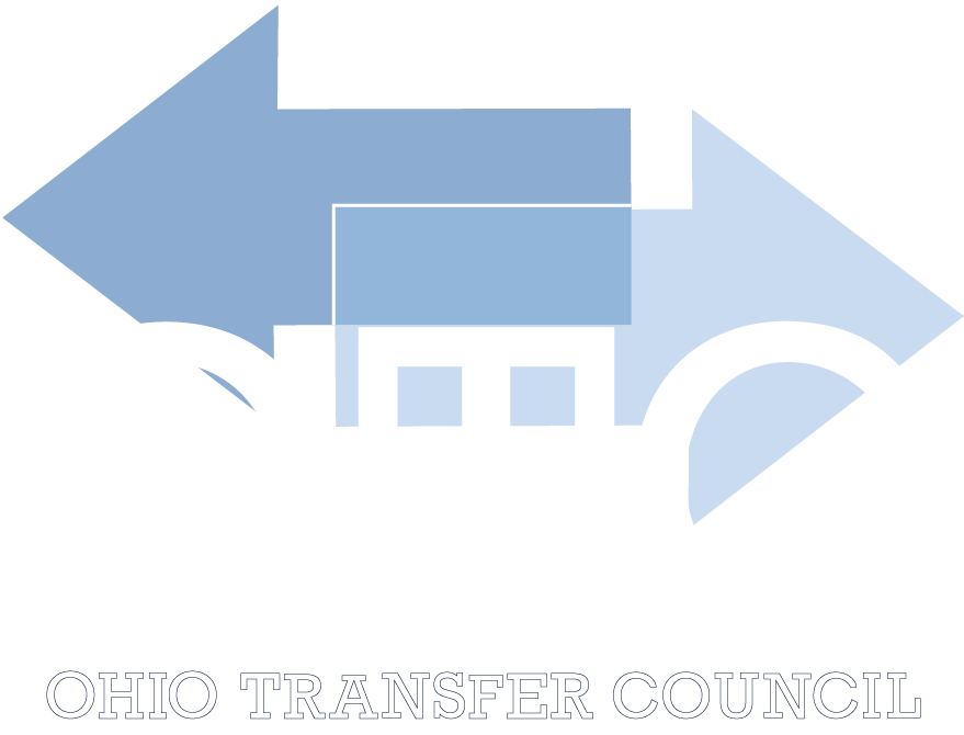 Logo of Ohio Transfer Council with arrows and house symbol in shades of blue.
