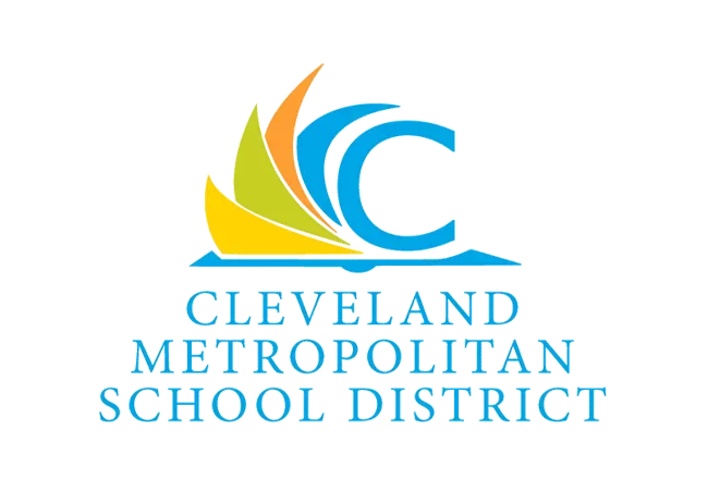 Logo of Cleveland Metropolitan School District featuring a stylized sailboat with colorful sails and a large blue 'C' with water waves underneath.