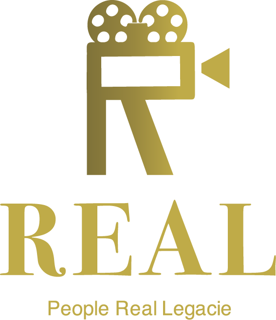 A stylized gold icon of a vintage film camera with film reels on top and the word "REAL" beneath, along with the phrase "People Real Legacie".