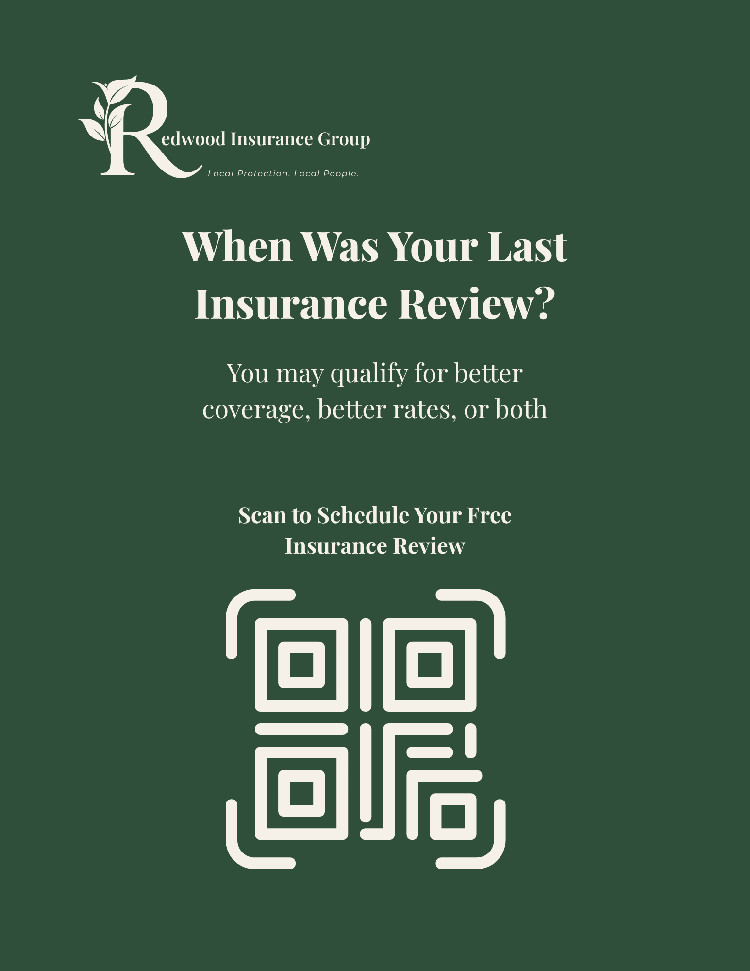 Promotional QR code sign designed for Redwood Insurance Group encouraging customers to schedule an insurance review.