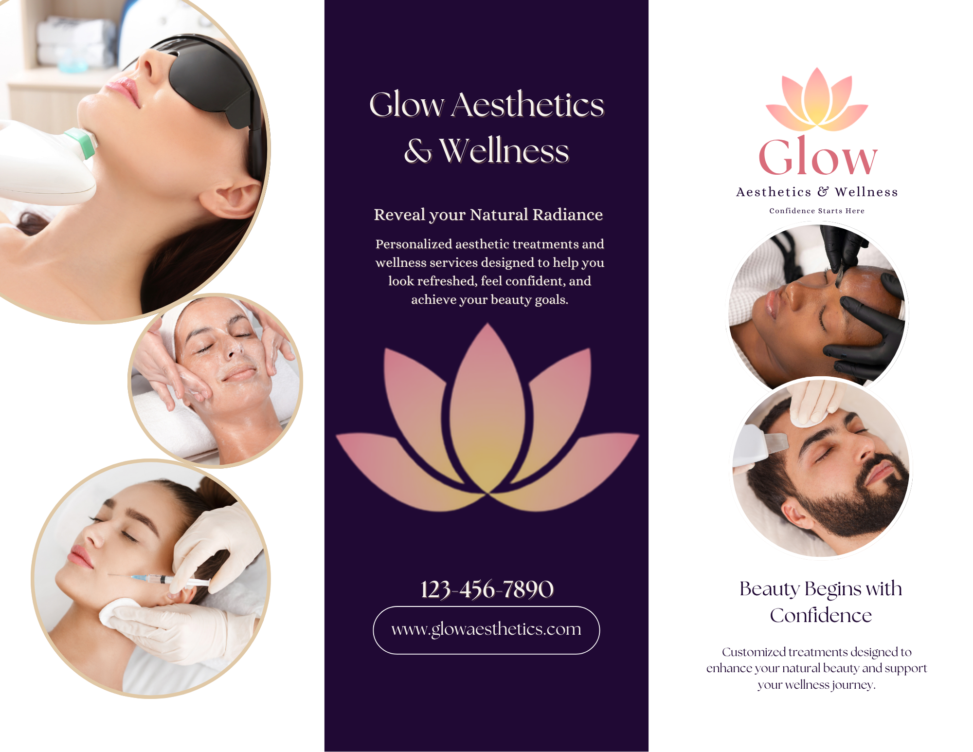 Tri-fold brochure designed by Meadow Lane Creative for Glow Aesthetics & Wellness featuring aesthetic treatment services, custom branding, and print marketing design.