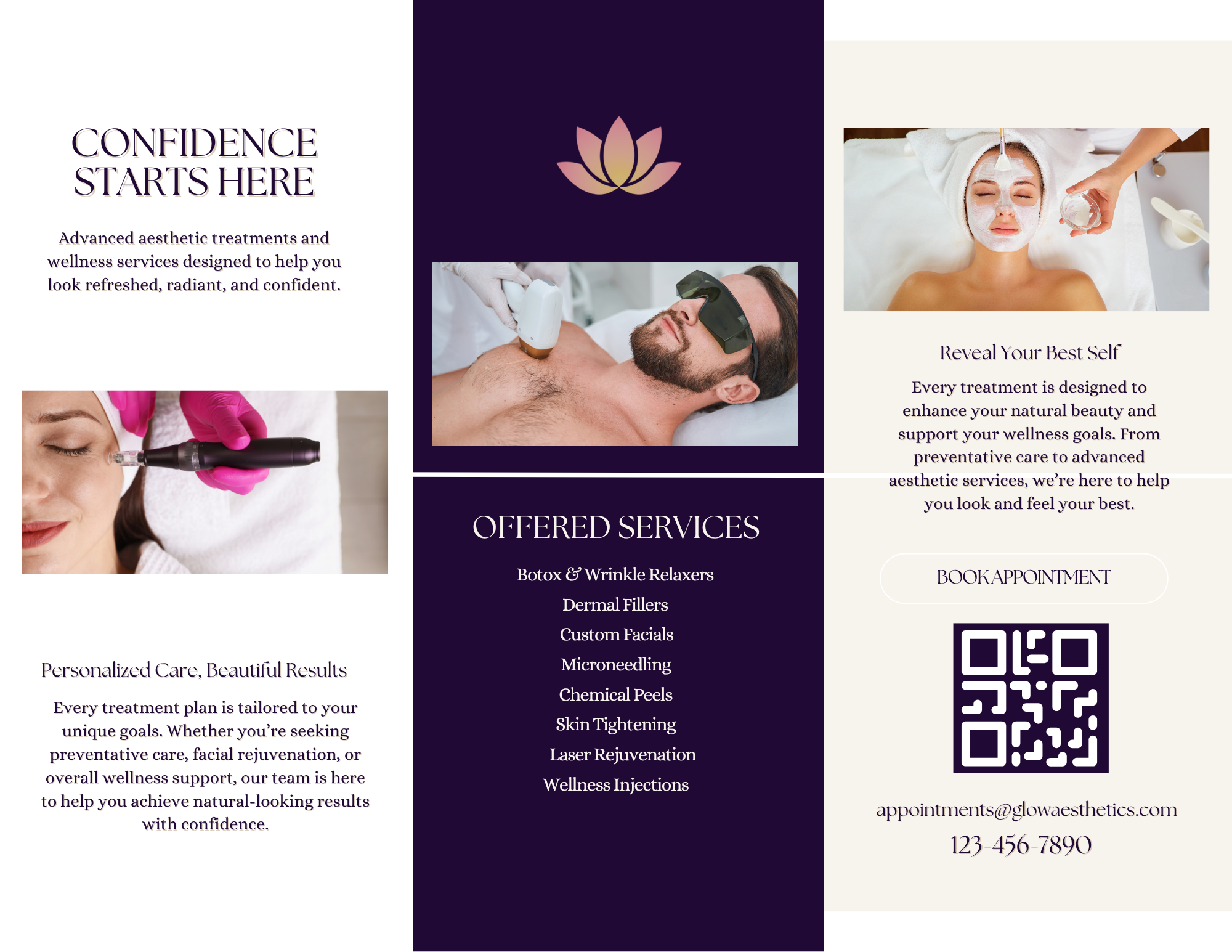 Tri-fold brochure designed by Meadow Lane Creative for Glow Aesthetics & Wellness featuring aesthetic treatment services, custom branding, and print marketing design.
