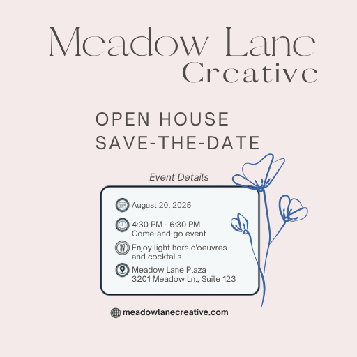 Open house save-the-date graphic showcasing event branding, print design, and marketing collateral created for a business launch campaign.