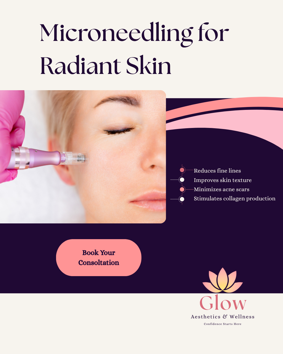 Social media post for Glow Aesthetics & Wellness featuring microneedling treatment for radiant skin, highlighting collagen stimulation, smoother skin, and a call to book a consultation.