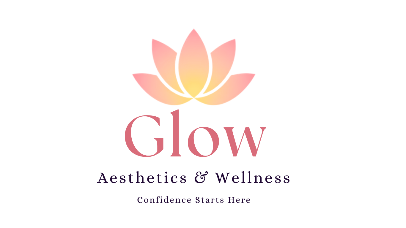 Website logo designed by Meadow lane Creative for Glow Aesthetics & Wellness featuring the lotus icon, custom typography, and the tagline "Confidence Starts Here"