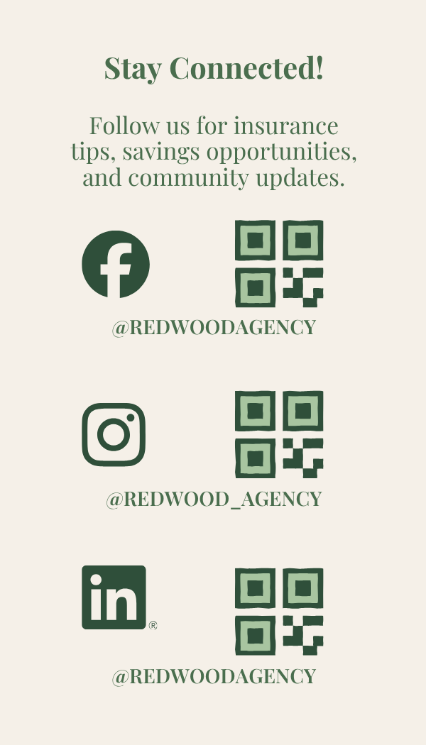 Custom business card designed for Redwood Insurance Group featuring a professional logo, branding, and contact information.