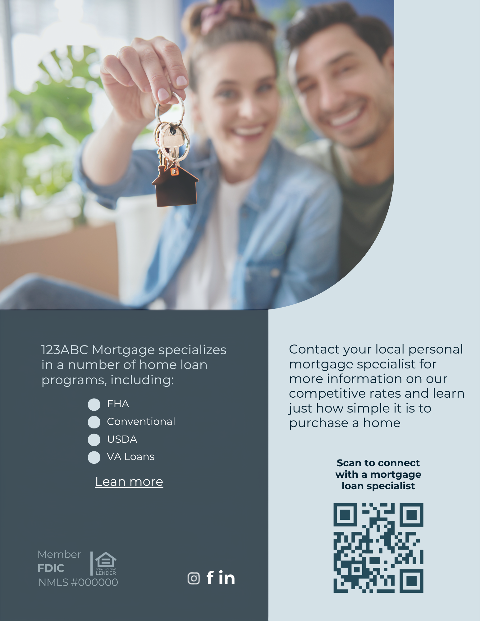 Professionally designed mortgage event flyer showcasing loan programs, lead generation messaging, and branding created as part of an integrated networking event campaign.