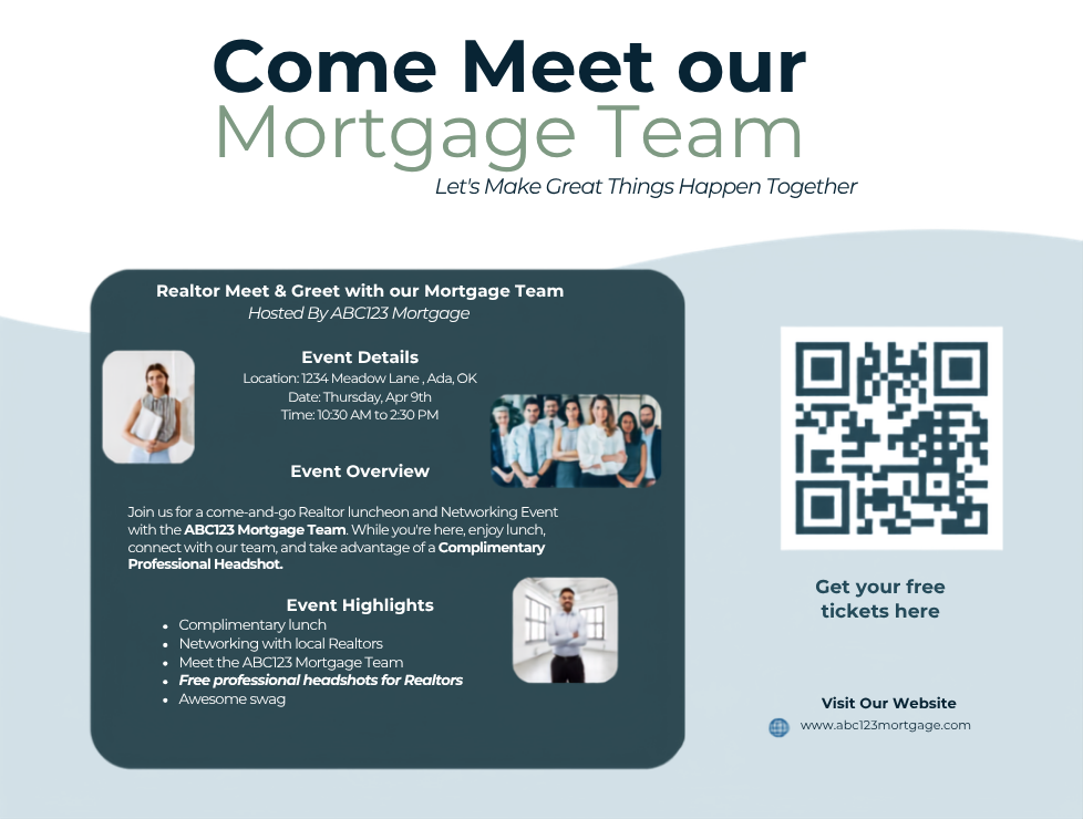 Email invitation promoting a Realtor networking event featuring a mortgage team, event details, and a QR code while showcasing event branding and lead generation strategy.