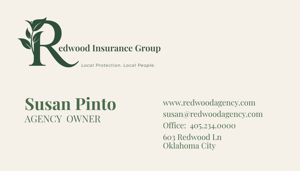 Custom business card designed for Redwood Insurance Group featuring a professional logo, branding, and contact information.