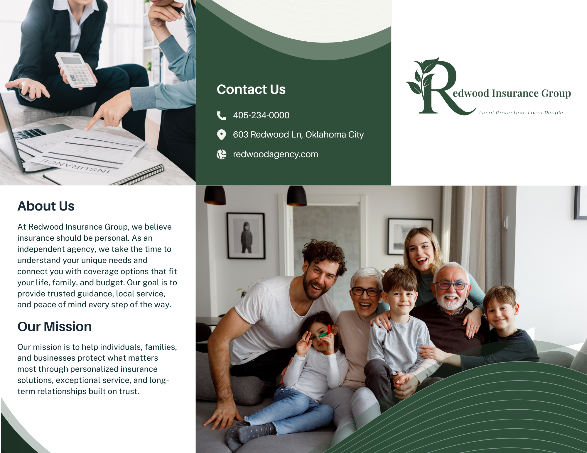 Tri-fold brochure designed for Redwood Insurance Group showcasing insurance services, company information, and branded marketing materials