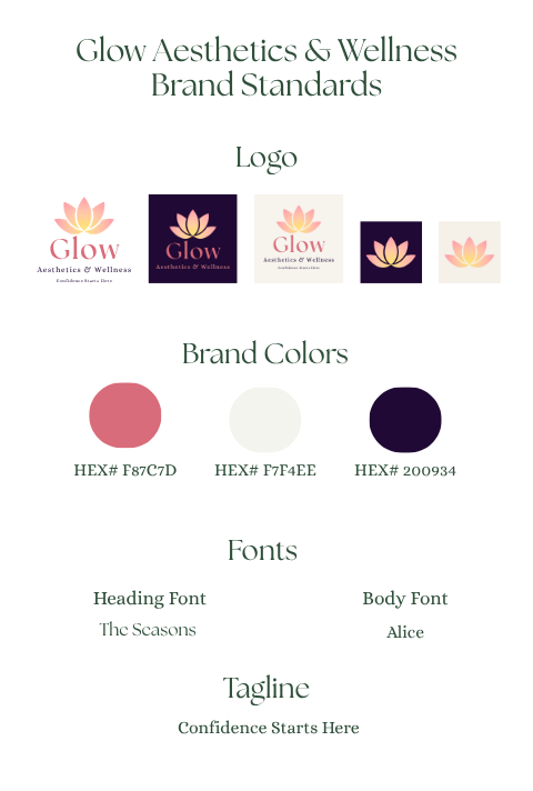 Brand standards guide created by Meadow Lane Creative for Glow Aesthetics & Wellness featuring logo variations, brand color palette, typography, and visual identity guidelines.