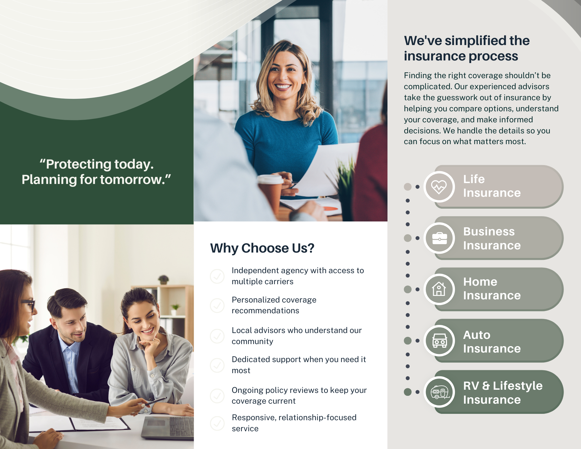 Tri-fold brochure designed for Redwood Insurance Group showcasing insurance services, company information, and branded marketing materials