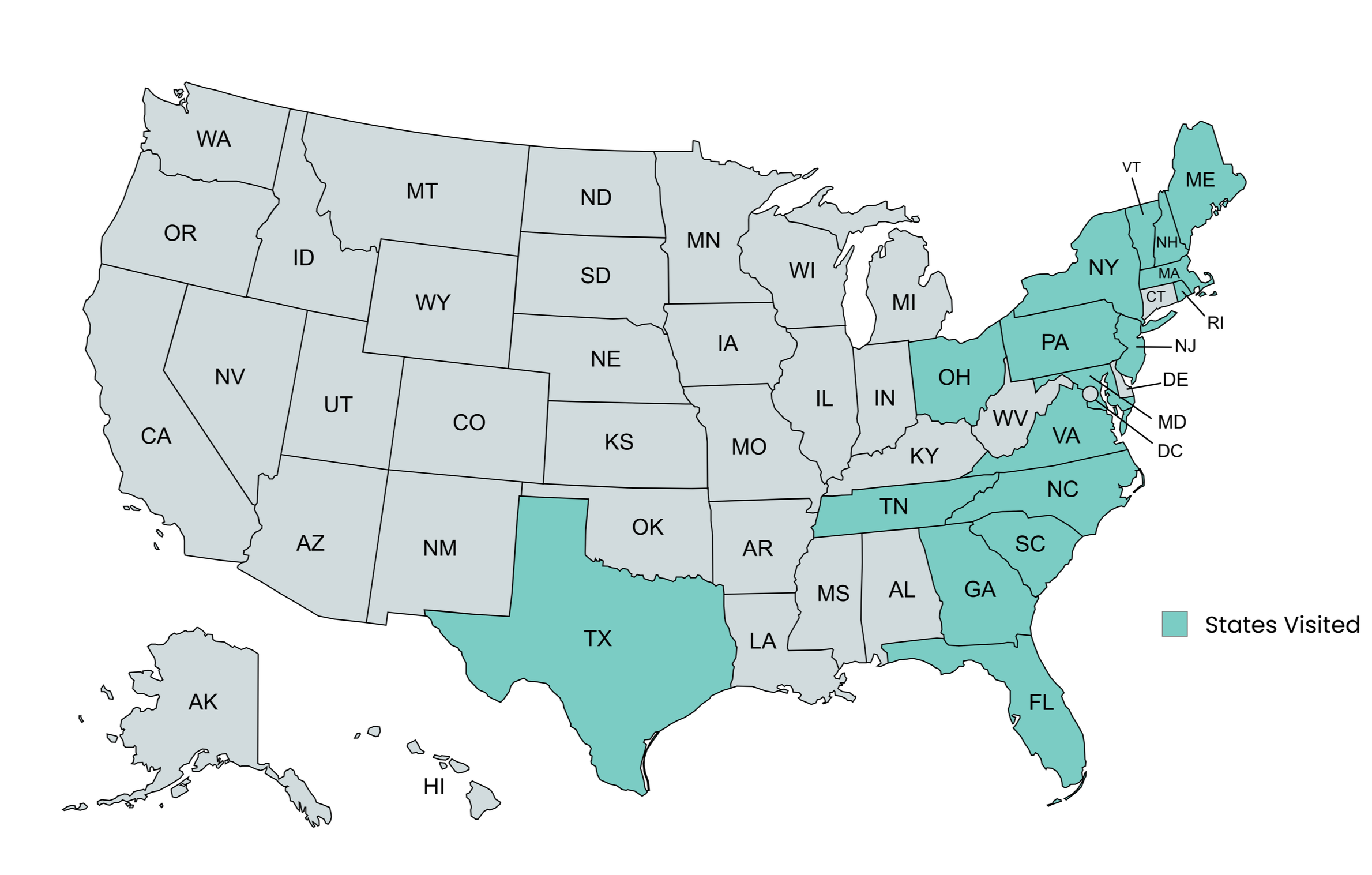 Map of United States with states highlighted with blue that Precious Bundles Consulting has performed Postpartum Doula and Newborn Care Specialist services for families. Travel provider