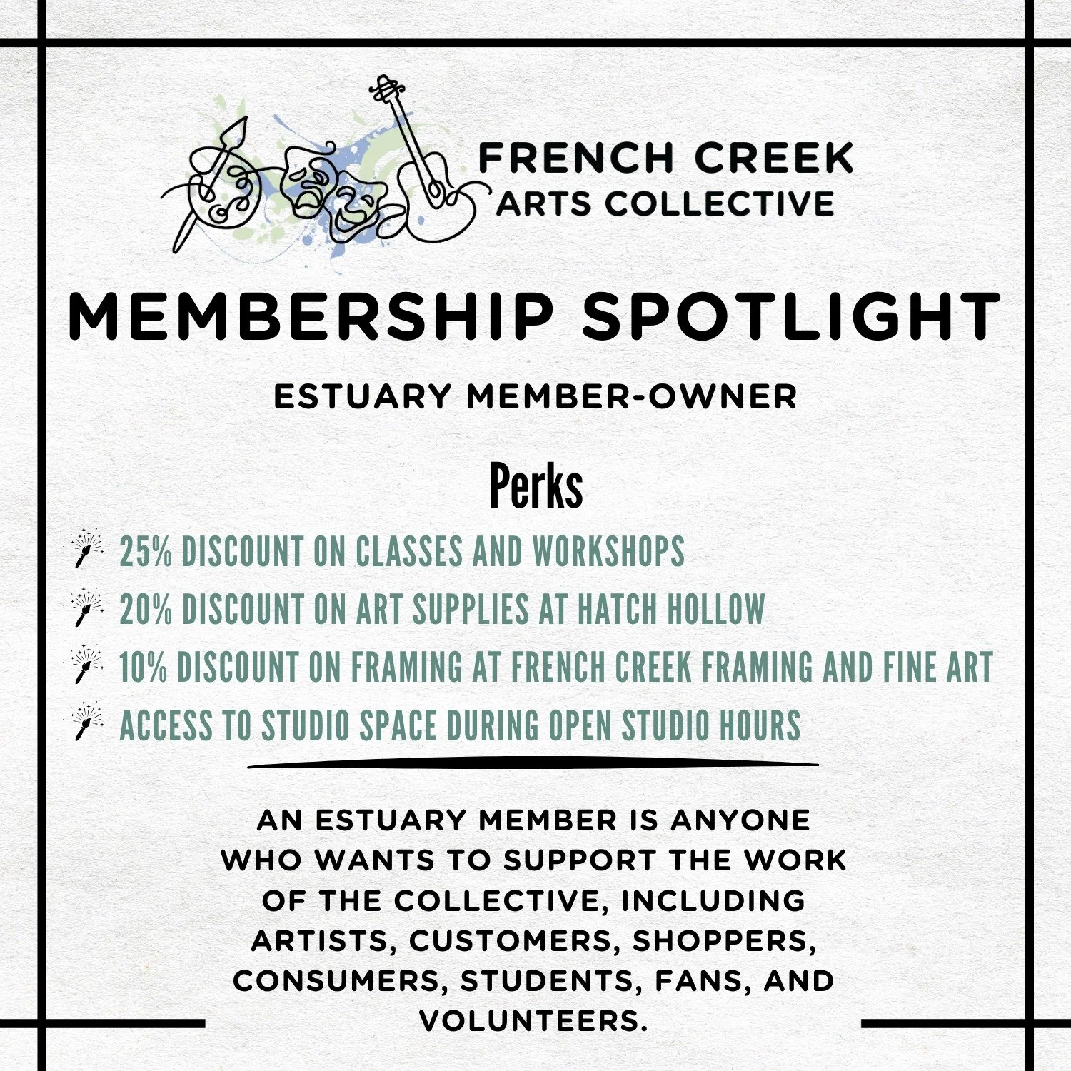 Today we're highlighting our Estuary Membership Level! We offer multiple membership tiers tailored to different levels of involvement. Whether you're an emerging artist, a professional creative, or an arts supporter, there&rsquo;s a place for you! As