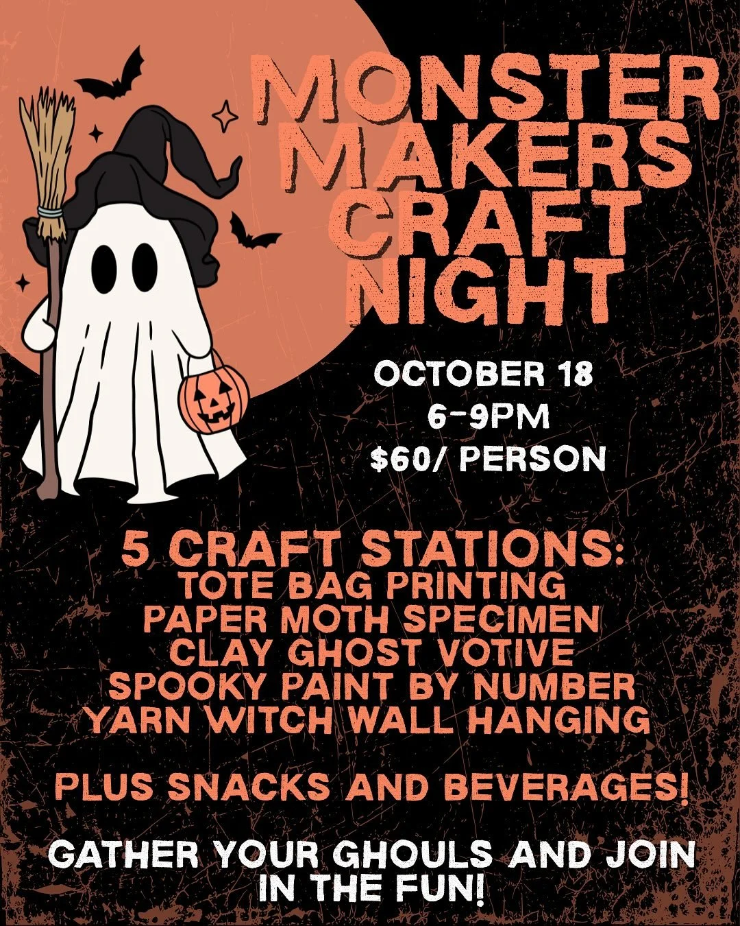 Registrations are open for some awesome upcoming classes and events!

10/18: 2-4 Pumpkin Carving 
10/18: 6-9 Monster Makers Craft Night 
10/19: 1-4 Fall Foliage in Gouache
10/26: 1-3 Ghost Painting Party

Check the links in our bio for more informati