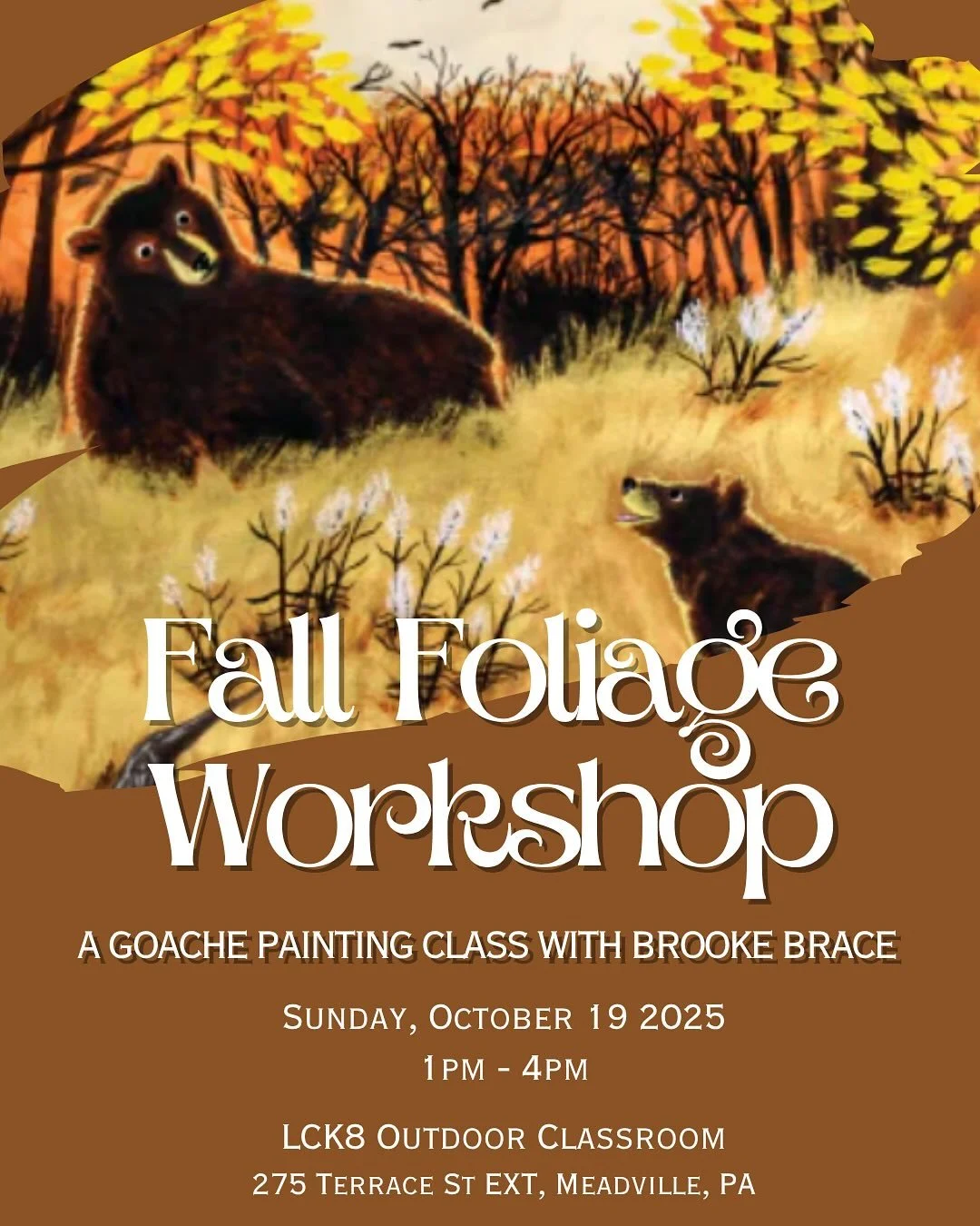 We&rsquo;re a week out from an amazing upcoming class with @brookebrace ! Get inspired by the fall colors and gorgeous surroundings at the @learningcenterk8 Outdoor Classroom while Brooke teaches you to capture the natural beauty in gouache! 

Regist