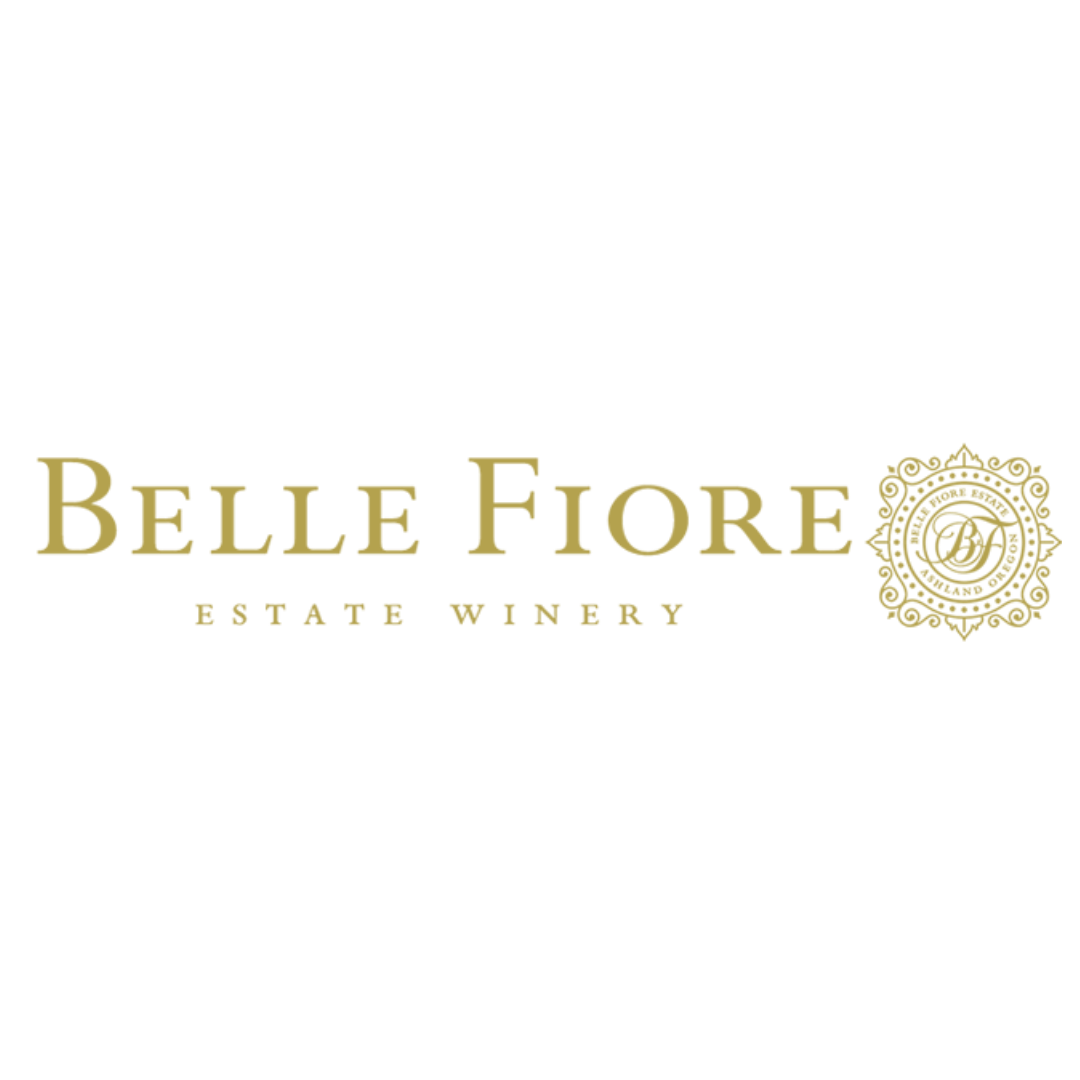 Logo for Belle Fiore Estate Winery in gold lettering on black background.