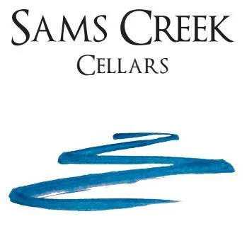 Sams Creek Cellars logo with black text and blue wave-like graphic