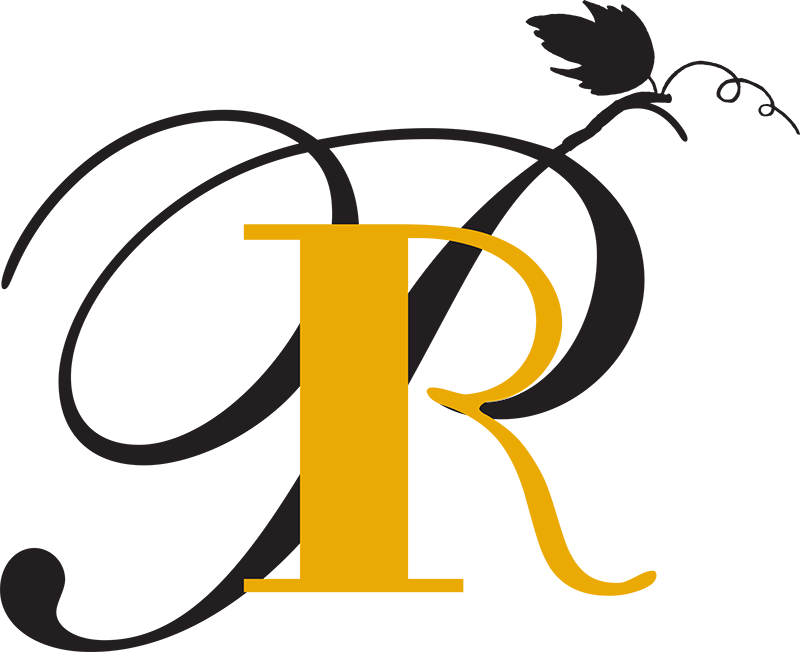 Black background with an ornate gold letter R and decorative black floral design.