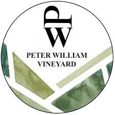 Logo of Peter William Vineyard with stylized P and W, and a green vineyard landscape in the background
