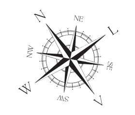 A black and white compass rose with cardinal directions and intermediate points.