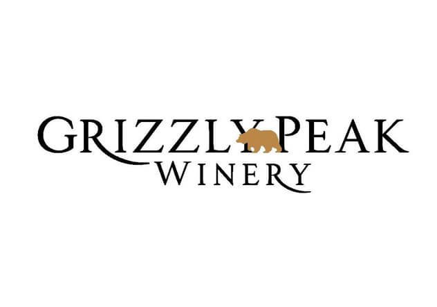 Logo for Grizzly Peak Winery featuring black text and a gold bear.