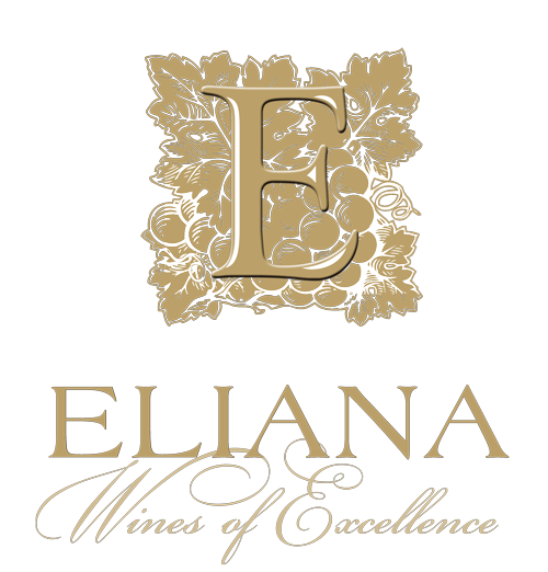 Gold letter 'E' surrounded by grapes and grapevine leaves, with the text 'ELIANA Wines of Excellence' below.