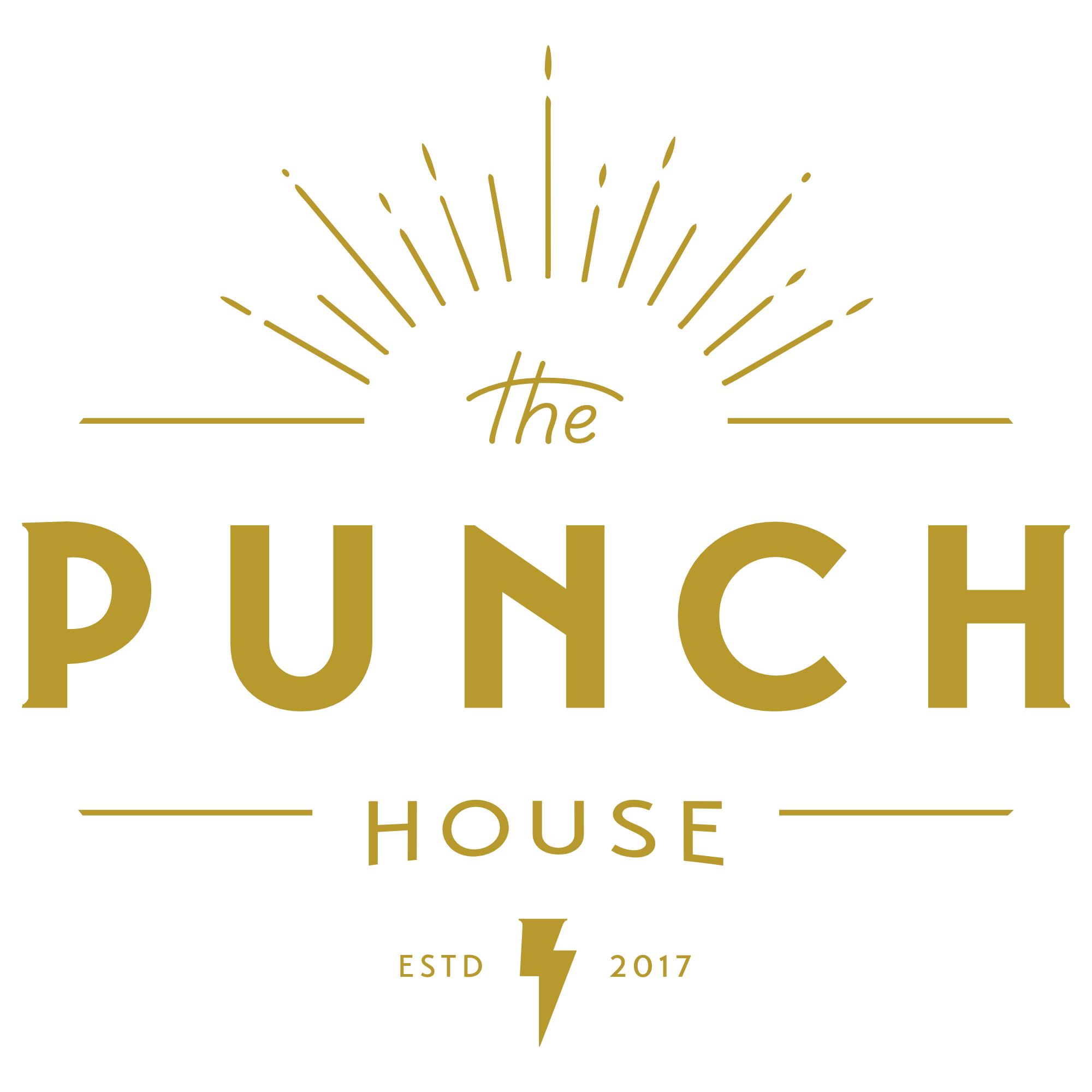 Logo for The Punch House, established in 2017, featuring a stylized sunrise with rays, the name in bold gold letters, and a lightning bolt symbol.