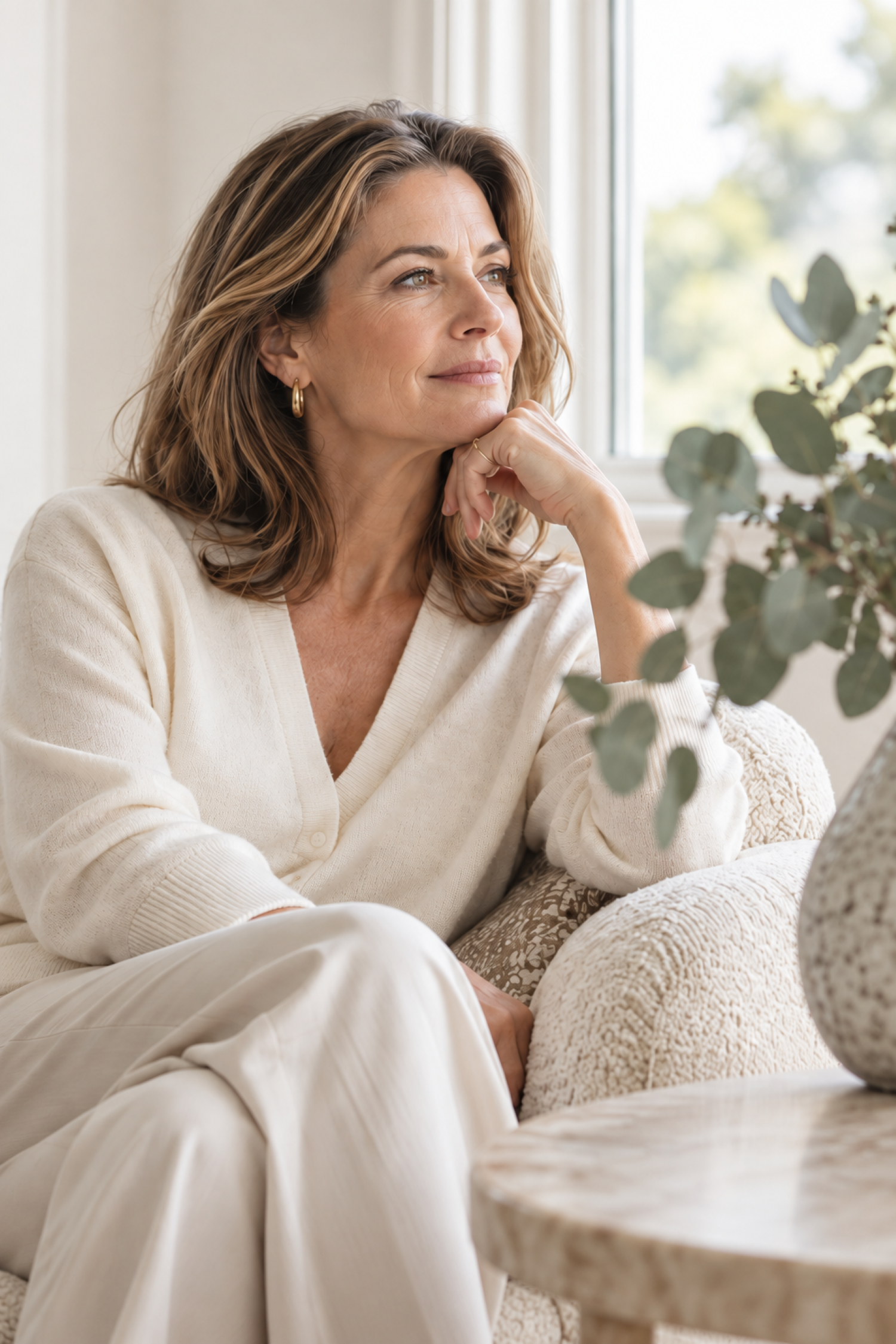 A woman with shoulder-length wavy brown hair and hoop earrings sitting indoors, gazing thoughtfully out the window.