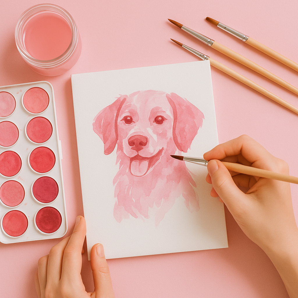 Watercolor painting of a happy dog on paper, surrounded by watercolor paints, brushes, and a jar of pink water on a pink background.