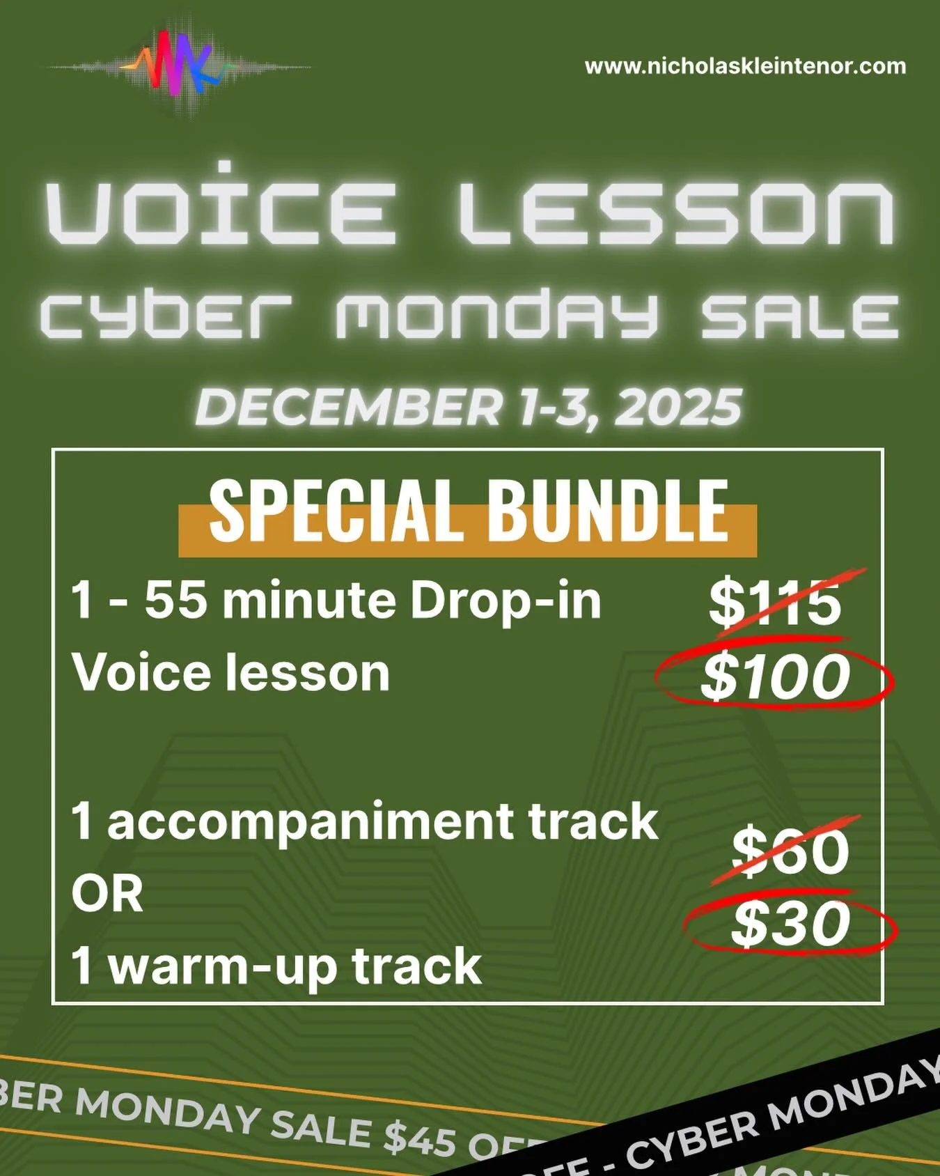 🚨 CYBER MONDAY VOICE LESSON SALE IS HERE! 🎤💥
 December 1&ndash;3 ONLY!

If you&rsquo;ve been wanting to book a session, this is the best deal of the year. Grab a 55-minute drop-in voice lesson for $100 (normally $115) and get your choice of one ac