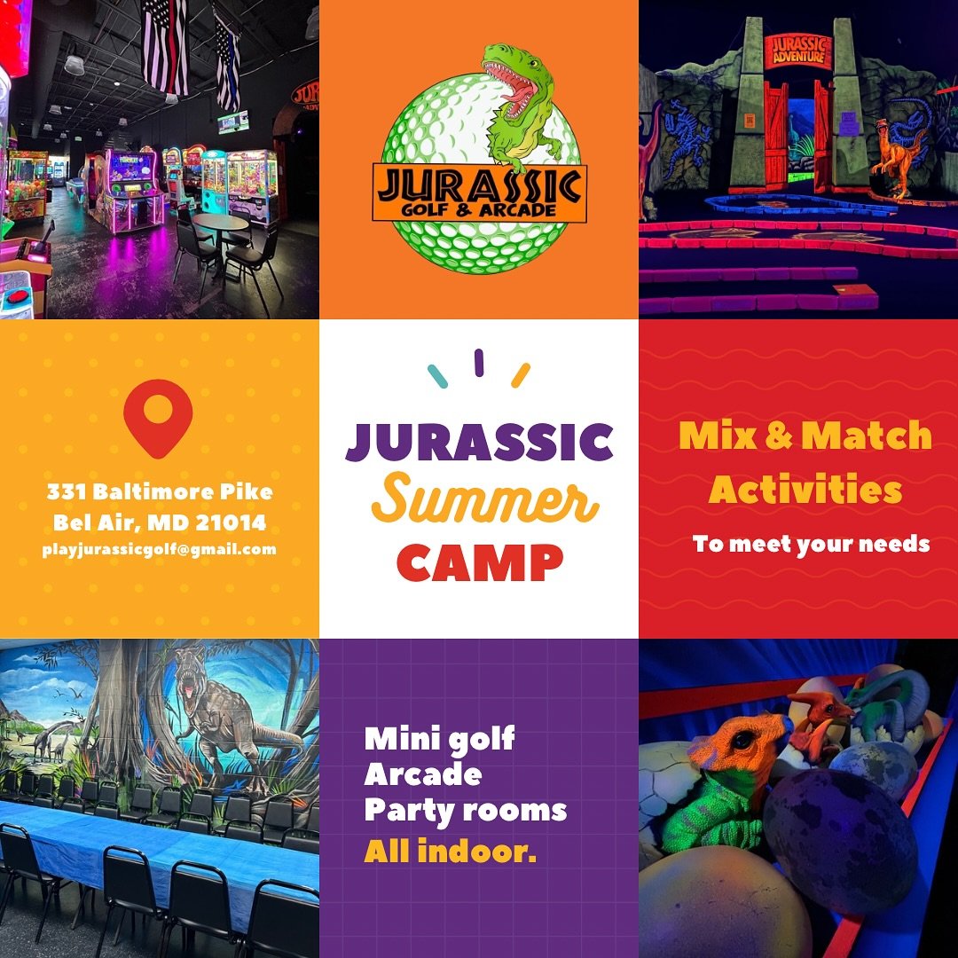 Beat the heat this summer and book your camp at Jurassic!☀️We offer indoor mini golf with an arcade for all ages, along with party rooms for lunch! Have questions or want to book? Email us!✉️