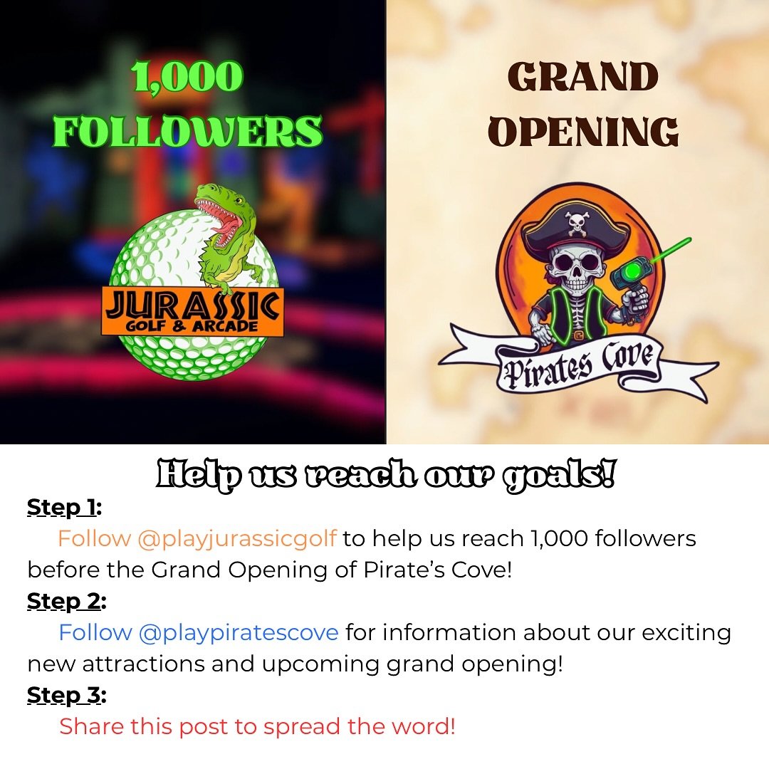 ARRRGGGG you excited about the new addition?🏴&zwj;☠️ We are too, but we need some help from you before our TREASURE can be revealed 👑 Help @playjurassicgolf reach 1,000 followers before the grand opening of @playpiratescove &amp; make sure to follo