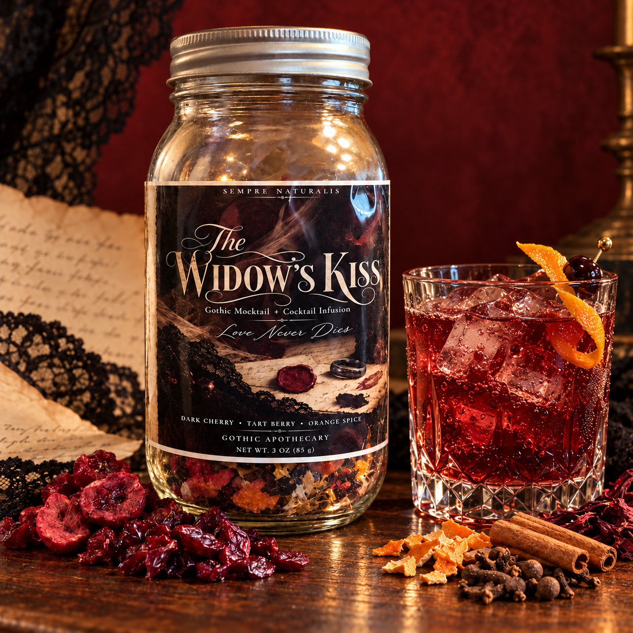 Cherry-red drink beside dry infusion jar.png