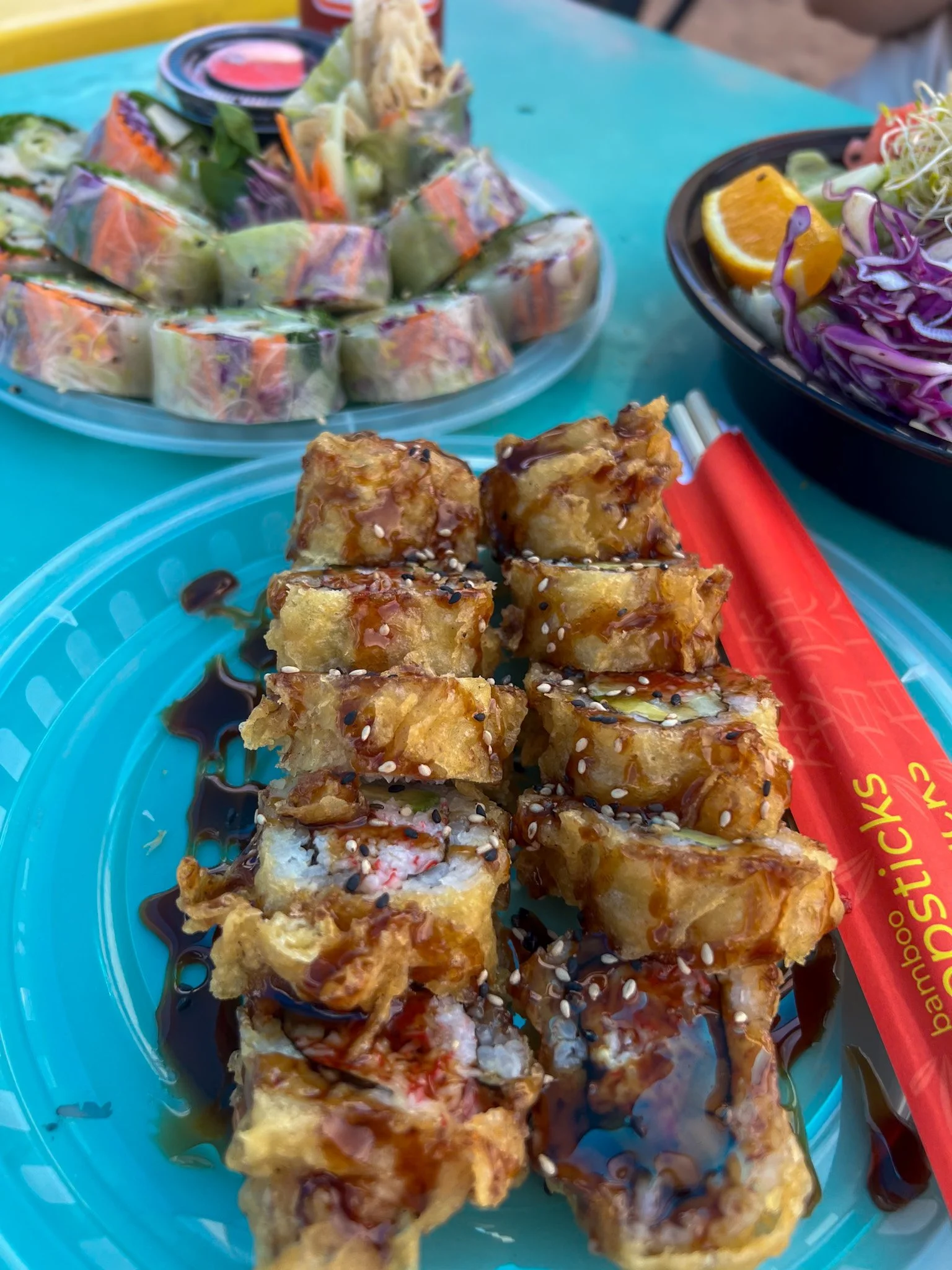 Sushi and chicken spring rolls at Moab Food Truck Park, Must Eats in Moab
