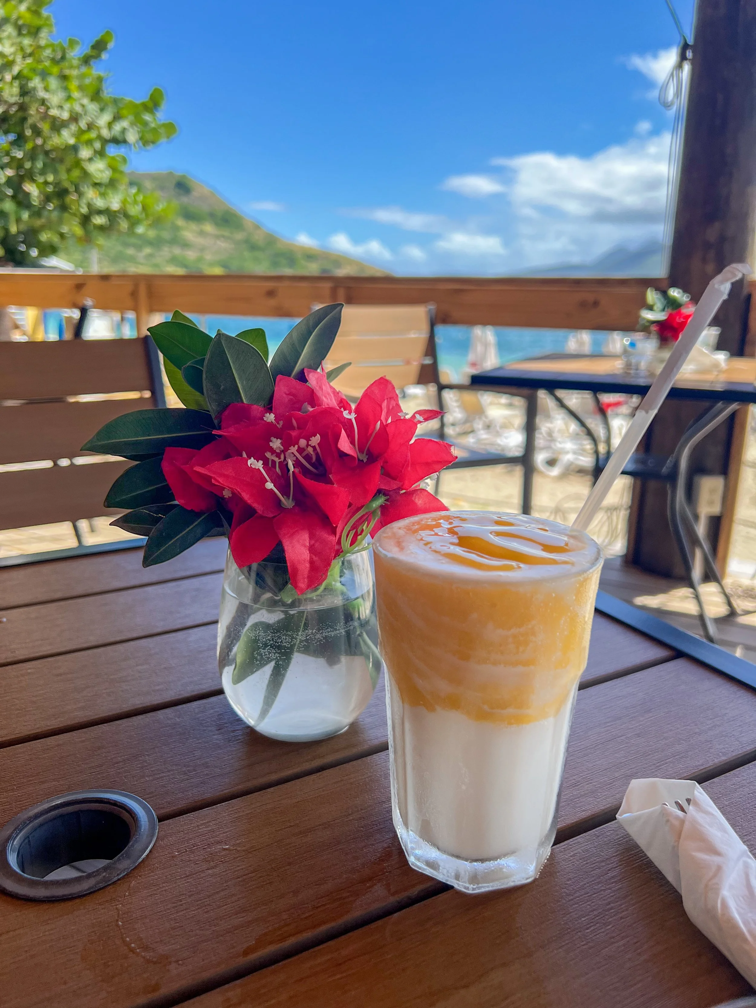 Cockleshell Bay St Kitts beaches view from Spice Mill Restaurant with virgin drinks